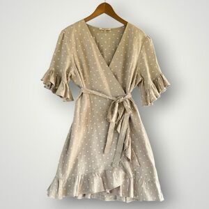 Beige Polka Dot Wrap Dress with Ruffle Sleeves